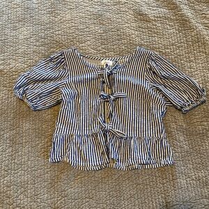 Striped Blue and White Blouse with Bow Details
